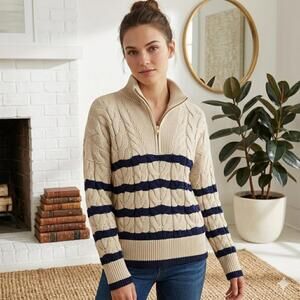 Lands' End Drifter Cable Knit Quarter Zip Striped Sweater Large Nautical Preppy